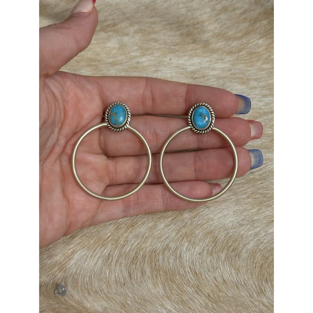 Huge Native American Sterling Silver Blue Ridge Turquoise Hoop Post Earrings
